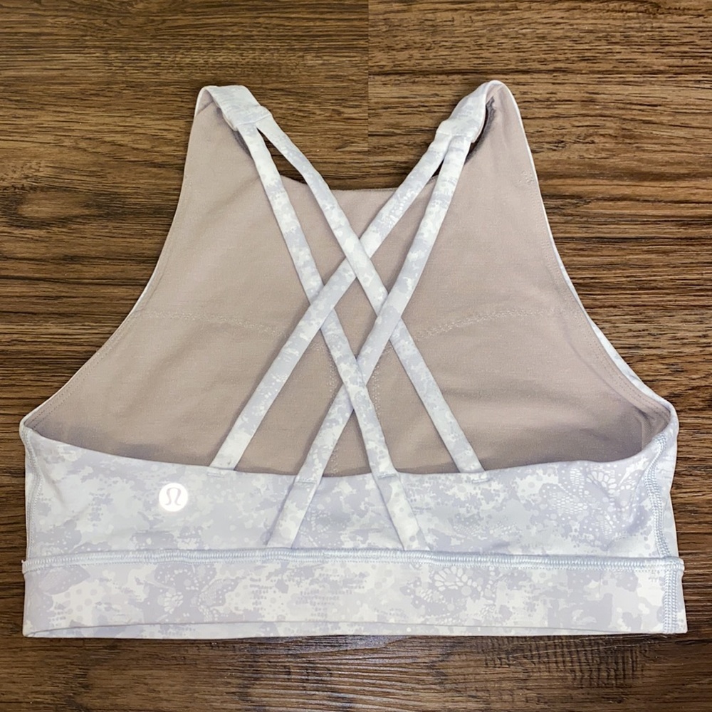 lululemon strappy back grey and white floral bra size 4